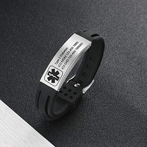 Grand Made Pulseras personalizadas de id médica de alerta de 9" Pulsera de silicona ajustable para deportes de emergencia para hombres Mujeres Pulsera impermeable para mujer (Black & Silver 1) Grand Made Pulseras personalizadas de id médica de alerta de 9" Pulsera de silicona ajustable para deportes de emergencia para hombres Mujeres Pulsera impermeable para mujer (Black & Silver 1)