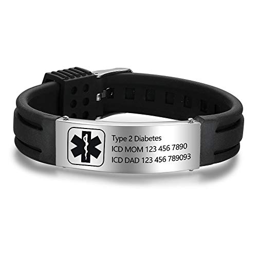 Grand Made Pulseras personalizadas de id médica de alerta de 9" Pulsera de silicona ajustable para deportes de emergencia para hombres Mujeres Pulsera impermeable para mujer (Black & Silver 1)