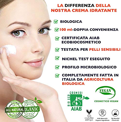 Grande 100ml. Bio Crema Hidratante facial con Ácido Hialurónico, Retinol y Vitamin C. 20+Ingredientes Orgánicos Antiedad y Antiarrugas para la cara/Contorno de Ojos. Cremas de Dia/Noche y Mujer/Hombre