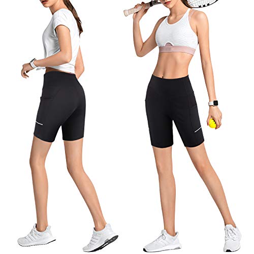 GRAT.UNIC Pantalón Corto Deportivo para Mujer, Running Pantalones Cortos de Yoga con Bolsillo Lateral, Fitness Mallas Deportivas (Negro, S)