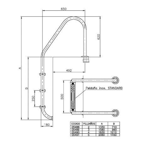 Gre 40272 - Escalera Standard de Acero Inoxidable para Piscina Enterrada, 183 cm