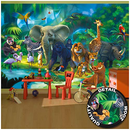 GREAT ART Mural De Pared Cuarto De Los Niños – Animales De La Selva – Zoo Naturaleza Safari Aventura Tigre León Elefante Mono Loro Papel Pintado Y Tapiz Y Decoración (336 x 238 cm)