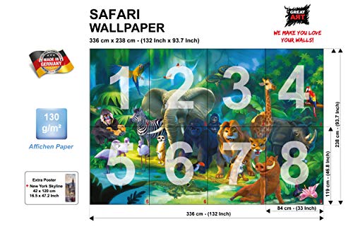 GREAT ART Mural De Pared Cuarto De Los Niños – Animales De La Selva – Zoo Naturaleza Safari Aventura Tigre León Elefante Mono Loro Papel Pintado Y Tapiz Y Decoración (336 x 238 cm)