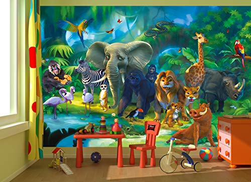 GREAT ART Mural De Pared Cuarto De Los Niños – Animales De La Selva – Zoo Naturaleza Safari Aventura Tigre León Elefante Mono Loro Papel Pintado Y Tapiz Y Decoración (336 x 238 cm)