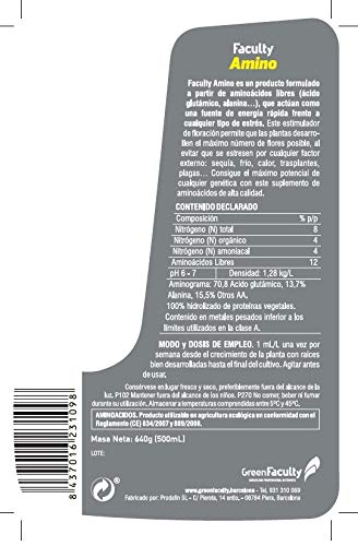 GreenFaculty - Amino - Fertilizante Abono Floración Orgánico y Ecológico Líquido con Aminoácidos para Cultivo de Plantas de Interior y Exterior. 500 mL GreenFaculty - Amino - Fertilizante Abono Floración Orgánico y Ecológico Líquido con Aminoácidos para Cultivo de Plantas de Interior y Exterior. 500 mL