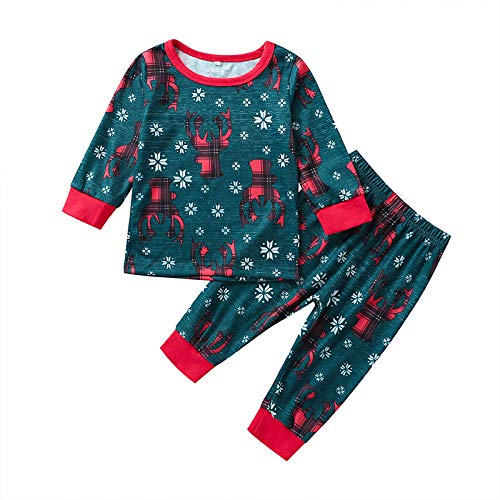 Greetuny Traje Pijama Navidad Bebe Niño Niña Copo de Nieve Alces Impresión Ropa de Dormir Manga Larga Tops + Pantalones Navidad Conjunto de Pijama (9-12 Months, Verde)