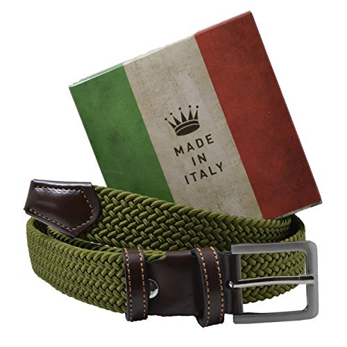 GreSel, Cinturón trenzado, de Hombre y Mujer, tejido elástico y cuero genuino, Made in Italy Verdone 120 (52-54)