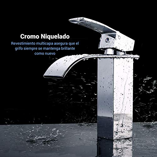 Grifo Lavabo Cascada, Dalmo DBWF01FA Grifo Baño de Latón con Agua Fría y Caliente Disponible, Mezclador Monomando Lavabo con Aleación de Zinc y Válvula De Cerámica, Estilo de Moderno