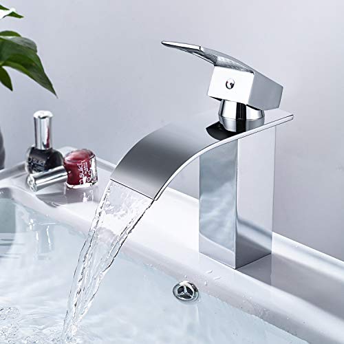 Grifo Lavabo Cascada, Dalmo DBWF01FA Grifo Baño de Latón con Agua Fría y Caliente Disponible, Mezclador Monomando Lavabo con Aleación de Zinc y Válvula De Cerámica, Estilo de Moderno