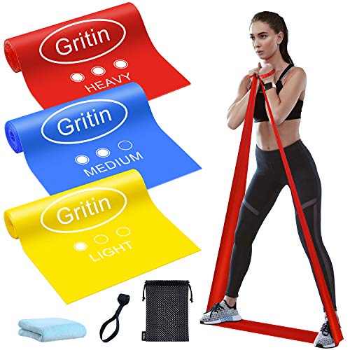 Gritin Bandas Elasticas Fitness, 3 Piezas Bandas de Resistencia con 3 Niveles, Cintas Elasticas Fitness con Anclaje Puerta, Toalla y Bolso para Yoga, Pilates