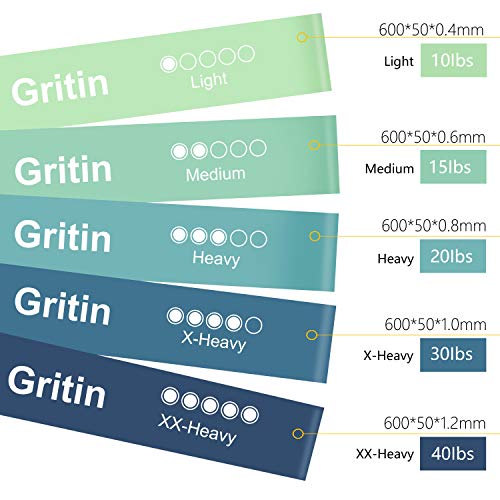 Gritin Bandas Elásticas Fitness/Bandas de Resistencia, Set de 5 Cintas Elásticas Fitness y Musculación de Látex Natural Agradable a la Piel con Guía de Ejercicios de Español y Bolsa Almacenamiento Gritin Bandas Elásticas Fitness/Bandas de Resistencia, Set de 5 Cintas Elásticas Fitness y Musculación de Látex Natural Agradable a la Piel con Guía de Ejercicios de Español y Bolsa Almacenamiento