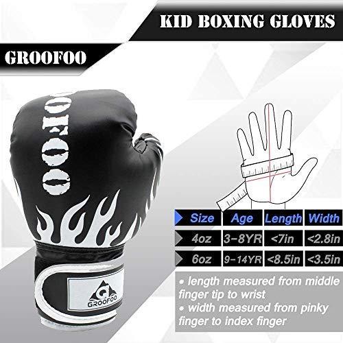 GROOFOO Guantes de Boxeo para Niños 4oz Entrenamiento Combate Guantes de Perforación per MMA Muay Thai Kick Boxing Età da 3 a 9 Anni - Negro