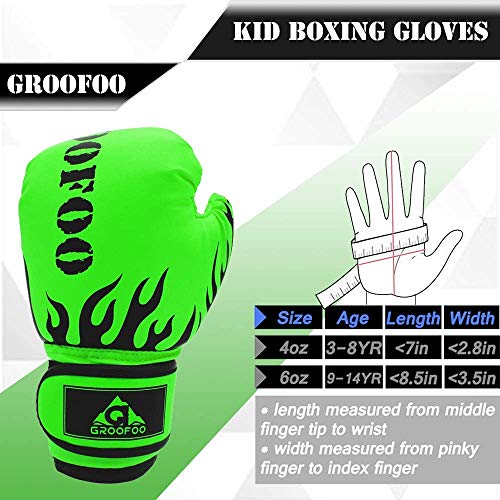 GROOFOO Guantes de Boxeo para Niños 4oz Entrenamiento Combate Guantes de Perforación per MMA Muay Thai Kick Boxing Età da 3 a 9 Anni - Verde