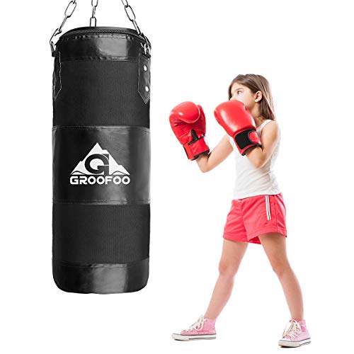 GROOFOO Saco de Boxeo Niños Adulto 100x33cm Tarea Pesada Oxford Boxing Bag para Entrenamiento de Boxeo para Niños Bolsa sin llenar con Cadena Montaje para MMA Muay Thai Kick Boxing - Negro