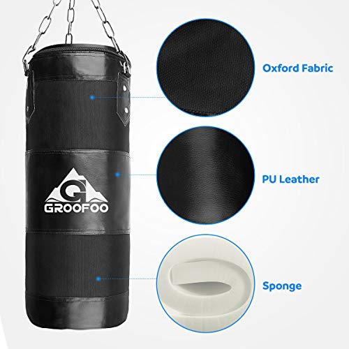 GROOFOO Saco de Boxeo Niños Adulto 100x33cm Tarea Pesada Oxford Boxing Bag para Entrenamiento de Boxeo para Niños Bolsa sin llenar con Cadena Montaje para MMA Muay Thai Kick Boxing - Negro