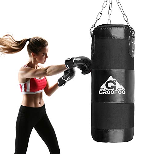 GROOFOO Saco de Boxeo Niños Adulto 100x33cm Tarea Pesada Oxford Boxing Bag para Entrenamiento de Boxeo para Niños Bolsa sin llenar con Cadena Montaje para MMA Muay Thai Kick Boxing - Negro