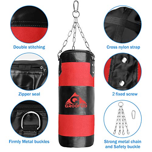 GROOFOO Saco de Boxeo Niños Tarea Pesada Oxford Boxing Bag para Entrenamiento de Boxeo para Niños Bolsa sin llenar con Cadena Montaje para MMA Muay Thai Kick Boxing 80x28CM Rojo