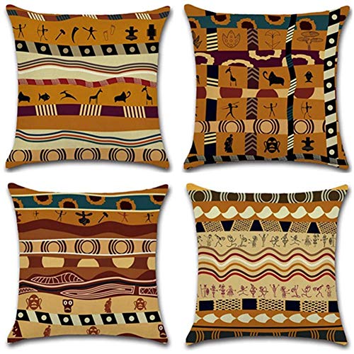 Gspirit 4 Pack Estilo étnico Africano Algodón Lino Throw Pillow Case Funda de Almohada para Cojín 45x45 cm