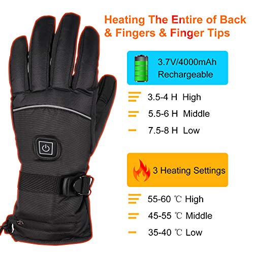 Guantes Calefactables Eléctricos con Batería Hombres y Mujeres, 3 Configuraciones Calefacción, Guantes Cálidos con Pantalla Táctil, Guantes Térmicos Impermeables de Invierno para Esquí Pesca Caza