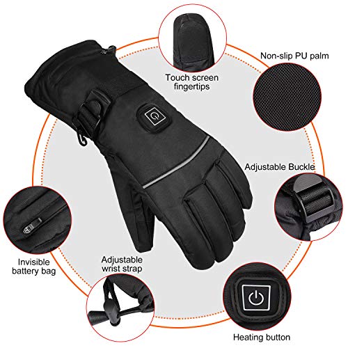 Guantes Calefactables Eléctricos con Batería Hombres y Mujeres, 3 Configuraciones Calefacción, Guantes Cálidos con Pantalla Táctil, Guantes Térmicos Impermeables de Invierno para Esquí Pesca Caza