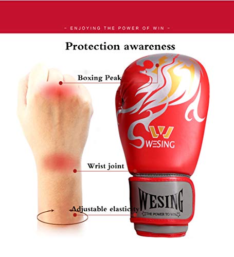 Guantes de boxeo para adultos Tela de cuero Guantes de combate Cómodo y transpirable Seguridad Resistente a los golpes Guantes sanda juvenil Entrenamiento de sacos de arena Guantes de boxeo,Rojo,14oz