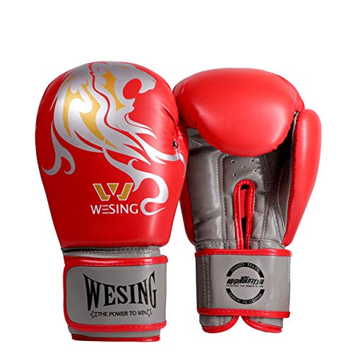 Guantes de boxeo para adultos Tela de cuero Guantes de combate Cómodo y transpirable Seguridad Resistente a los golpes Guantes sanda juvenil Entrenamiento de sacos de arena Guantes de boxeo,Rojo,14oz