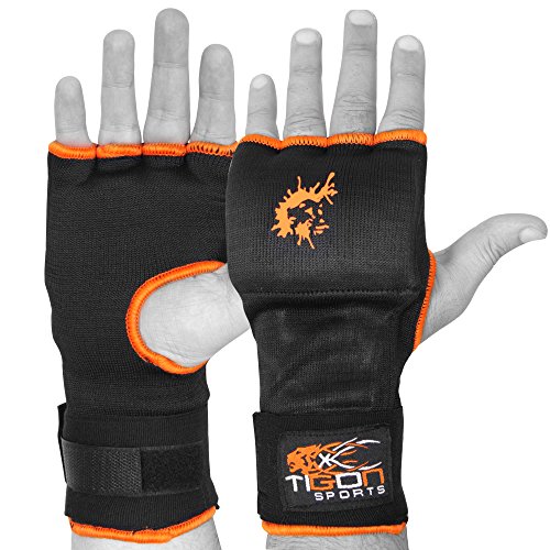 Guantes de boxeo Tigon con vendaje de algodón e interior de gel para MMA (negros), color negro, tamaño Large Guantes de boxeo Tigon con vendaje de algodón e interior de gel para MMA (negros), color negro, tamaño Large