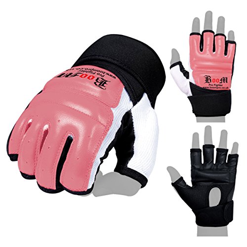 Guantes de cuero sin puntas de los dedos, para artes marciales, MMA, Kick Boxing, boxeo, Muay Thai, de Boom Prime, hombre, color rosa, tamaño Medium Guantes de cuero sin puntas de los dedos, para artes marciales, MMA, Kick Boxing, boxeo, Muay Thai, de Boom Prime, hombre, color rosa, tamaño Medium