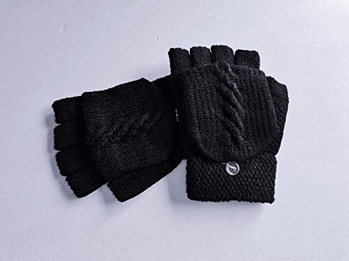 Guantes de Invierno Flip sin Dedos， Guantes sin Dedos Convertibles, Guantes Unisex Mitones de Lana de Punto Caliente Manoplas con Mitten Cover （Negro）