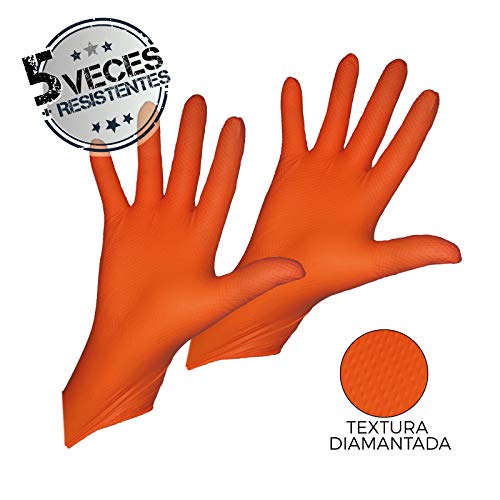 GUANTES de NITRILO DIAMANTADO naranjas - Los guantes de nitrilo MÁS RESISTENTES del mercado - SIN LÁTEX - REUTILIZABLES (M)