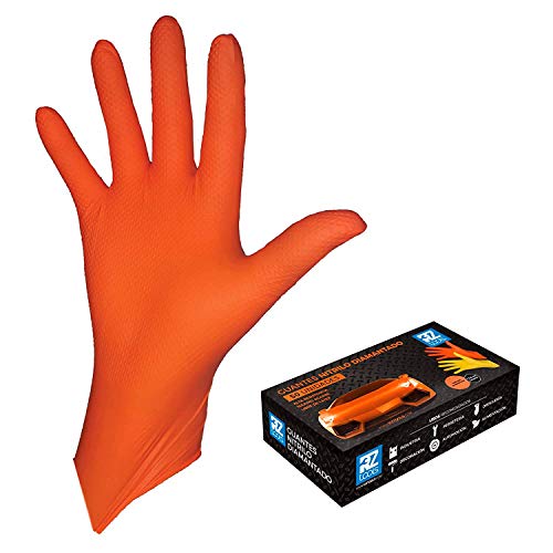 GUANTES de NITRILO DIAMANTADO naranjas - Los guantes de nitrilo MÁS RESISTENTES del mercado - SIN LÁTEX - REUTILIZABLES (M)