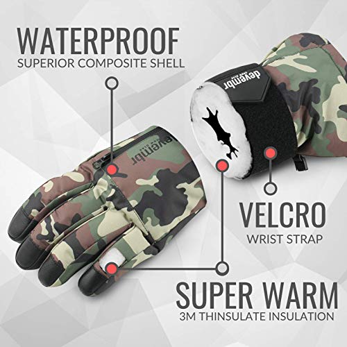 Guantes para Esquí para Hombres y Mujeres, Guantes para Snowboard Impermeables con Muñequeras Extraíbles y Aislamiento Thinsulate de 3M, Guantes para Nieve con Material Resistente de PU(Camuflaje,XS)