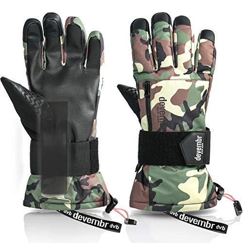 Guantes para Esquí para Hombres y Mujeres, Guantes para Snowboard Impermeables con Muñequeras Extraíbles y Aislamiento Thinsulate de 3M, Guantes para Nieve con Material Resistente de PU(Camuflaje,XS)