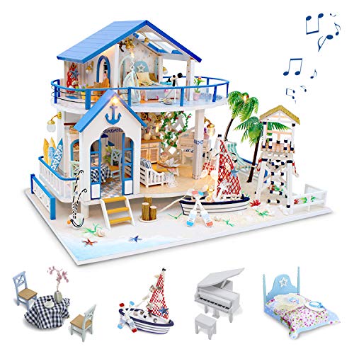 GuDoQi Casa de Muñecas de Madera DIY, Miniatura de la Casa de Muñecas con Muebles y Música, Modelo de Mini Apartamento Hecho a Mano, Blue Sea Legend