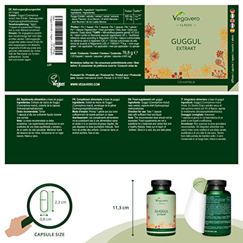 Guggul Vegavero® | La Dosis Más Alta: 5200 mg | 120 Cápsulas | 4% de Flavonas | Libre de Aditivos | Vegano | Colesterol & Tiroides | Suplemento Ayurveda