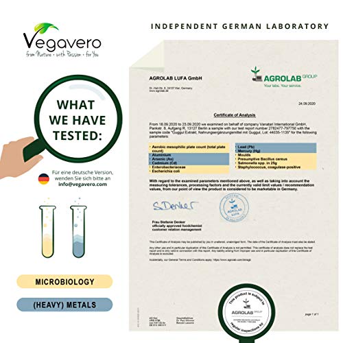 Guggul Vegavero® | La Dosis Más Alta: 5200 mg | 120 Cápsulas | 4% de Flavonas | Libre de Aditivos | Vegano | Colesterol & Tiroides | Suplemento Ayurveda