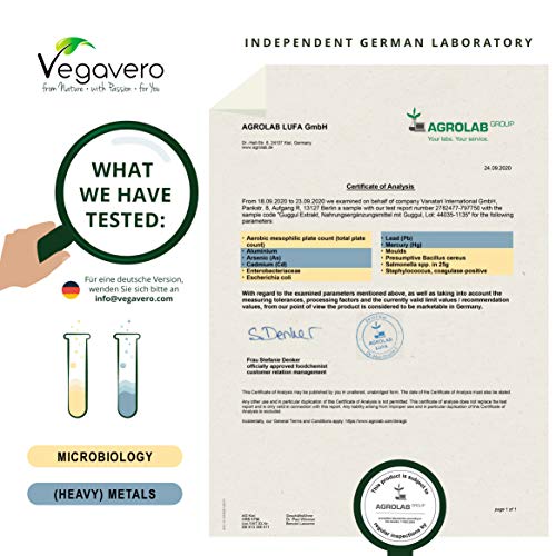 Guggul Vegavero® | La Dosis Más Alta: 5200 mg | 120 Cápsulas | 4% de Flavonas | Libre de Aditivos | Vegano | Colesterol & Tiroides | Suplemento Ayurveda Guggul Vegavero® | La Dosis Más Alta: 5200 mg | 120 Cápsulas | 4% de Flavonas | Libre de Aditivos | Vegano | Colesterol & Tiroides | Suplemento Ayurveda