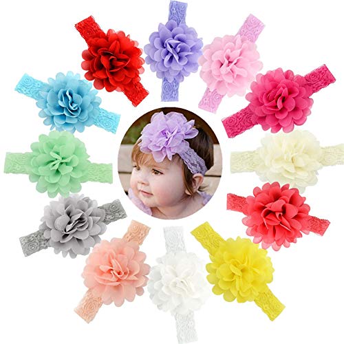 GUIFIER 12 piezas Diademas para bebés Bandas para la cabeza Diademas de encaje elástico de chifón bebé niñas diademas flores cintas para el cabello para Recién nacido niña Accesorios para el cabello