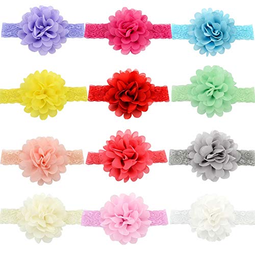 GUIFIER 12 piezas Diademas para bebés Bandas para la cabeza Diademas de encaje elástico de chifón bebé niñas diademas flores cintas para el cabello para Recién nacido niña Accesorios para el cabello