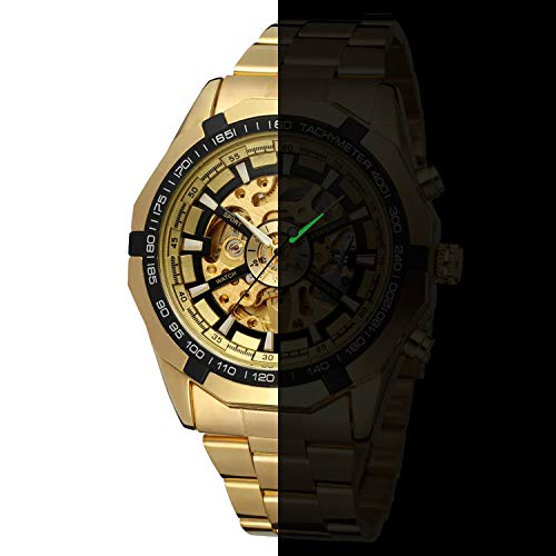 GuTe Reloj de pulsera mecánico automático, dial con diseño de X y mecanismo visible, color dorado y negro