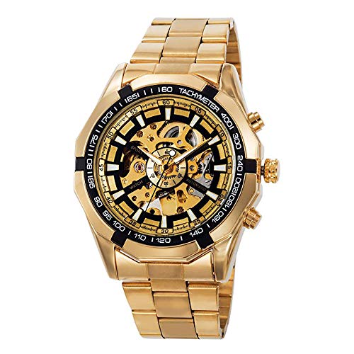 GuTe Reloj de pulsera mecánico automático, dial con diseño de X y mecanismo visible, color dorado y negro
