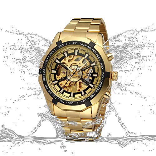 GuTe Reloj de pulsera mecánico automático, dial con diseño de X y mecanismo visible, color dorado y negro