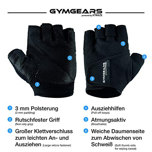 GYMGEARS Guantes de Entrenamiento para Mujeres y Hombres - Guantes Fitness para Entrenamiento Fuerza, Culturismo, con Pesas y Entrenamiento Crossfit - Unisex (XXL: 26-28 cm, Negro)