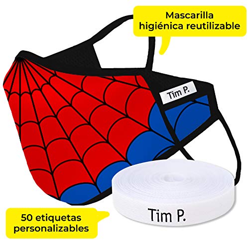 Haberdashery Online Kit Mascarilla higiénica textil reutilizable + 50 etiquetas con nombre personalizable (Araña)