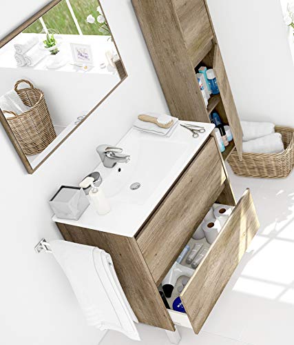 HABITMOBEL Mueble Lavabo CERÁMICO con 2 CAJONES + Espejo + Columna 2 Puertas