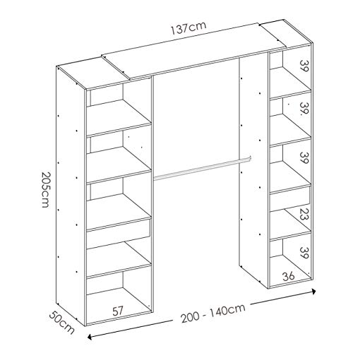 HABITMOBEL Vestidor Perchero Blanco baldas y cajones, Medidas: Alto: 203 cm x Fondo: 50 cm x Ancho: 200 cm