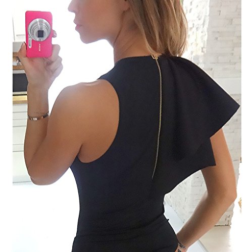 HaiDean Body Mujer Elegantes Sin Mangas Cuello Redondo Volantes Slim Fit Modernas Casual Ajustado Moda Hipster Vestir Verano Bodys Bodies Bodysuit Blusas Top (Color : Negro, Size : SG)