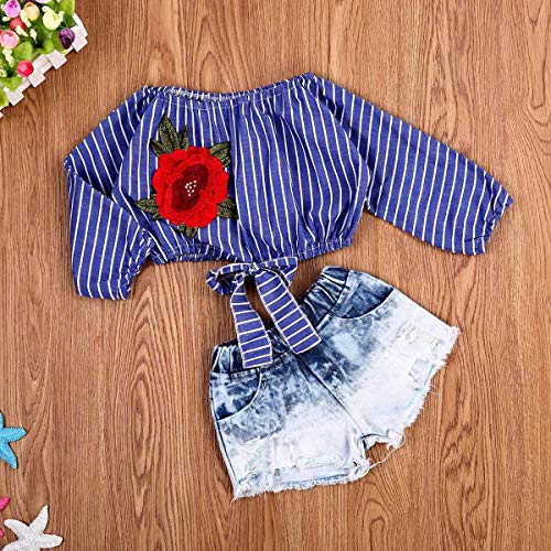 HaiQianXin 2pcs Baby Girl'S Rose Remiendo Bordado Rayas Top + Jean Shorts (Size : 3-4T)