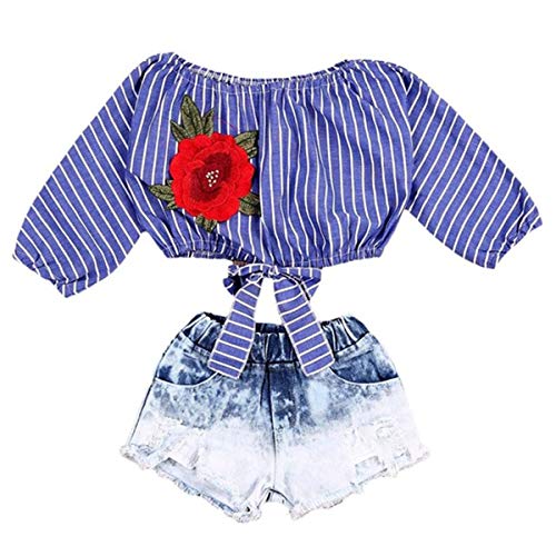 HaiQianXin 2pcs Baby Girl'S Rose Remiendo Bordado Rayas Top + Jean Shorts (Size : 3-4T)