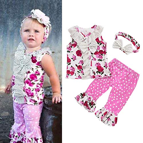 HaiQianXin 3 unids/Set Niños Bebé Niña Ropa Floral Conjunto Sin Mangas Top Camisa Blusa + Volantes Pantalones + Diadema Traje Traje (Size : 1T-2T)